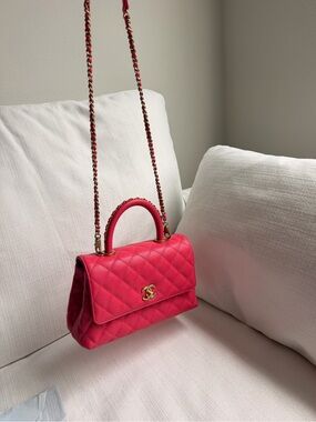 CHANEL Quilted Mini Top-Handle Bag in Hot Pink with Gold Hardware